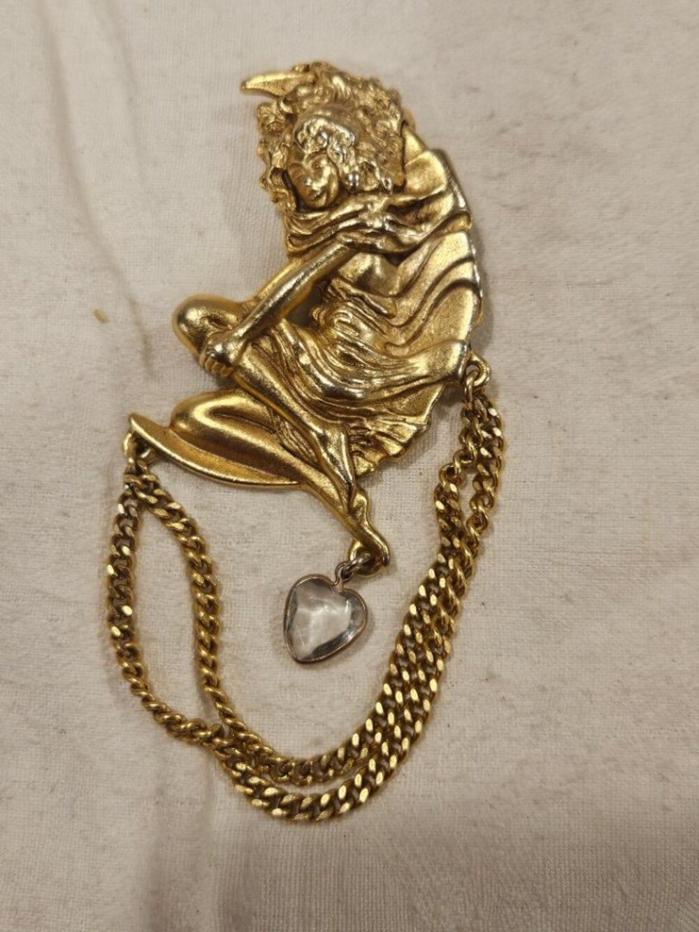 VTG Signed JJ Jonette Gold Art Nouveau Celestial Fairy Moon Dangle Brooch